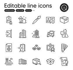 Set of Industrial outline icons. Contains icons as Technical algorithm, Inspect and Lighthouse elements. Office box, Parcel shipping, Search package web signs. Buildings, Brush, Exit elements. Vector