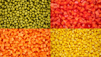 Multi screen green peas, corn, chopper red paprika and carrot. Healthy vegan food concept
