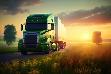Green transport truck driving through a blurred green meadow at sunrise. Generative AI.