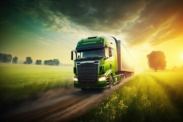Green transport truck driving through a blurred green meadow at sunrise. Generative AI.