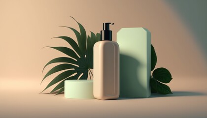 Showcasing Natural Cosmetic Bottle Mockup Minimalist Simple with Nature Light Color Background. Generative AI