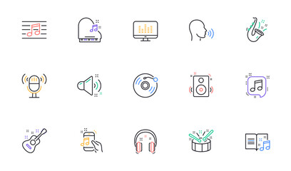 Music line icons. Guitar, Musical note and Headphones. Jazz saxophone linear icon set. Bicolor outline web elements. Vector