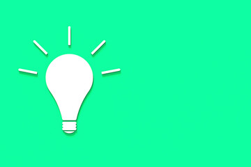 White glowing light bulb with shadow on light green background. Illustration of symbol of idea. Horizontal image. 3D image. 3D rendering.