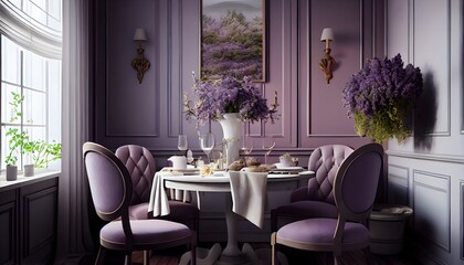 Stilvolles Esszimmer-Innendesign mit lavendel- und fliederfarbenen Sesseln, einem atemberaubend gestalteten Holztisch und bezaubernden persönlichen Accessoires. Ideen für luxuriöses, generative ai - obrazy, fototapety, plakaty