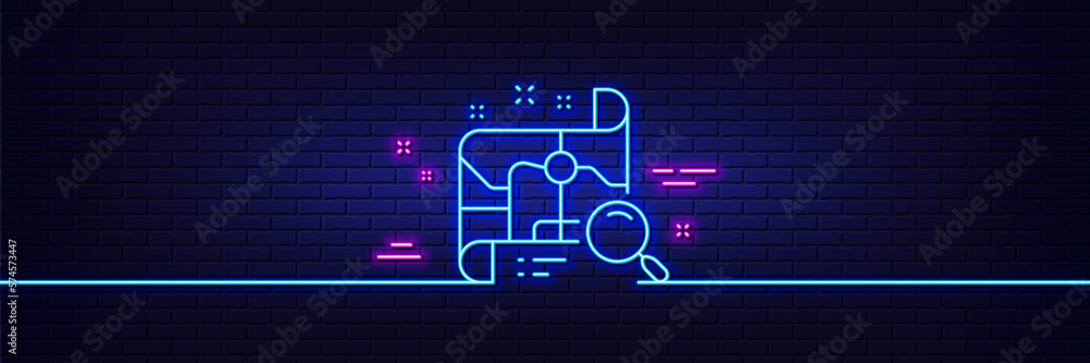 Poster neon light glow effect. search map line icon. find location address sign. 3d line neon glow icon. br