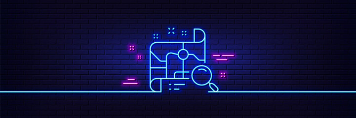 Neon light glow effect. Search map line icon. Find location address sign. 3d line neon glow icon. Brick wall banner. Search map outline. Vector