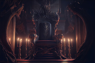 Abstract illustration design of empty throne in palace dark hall . AI