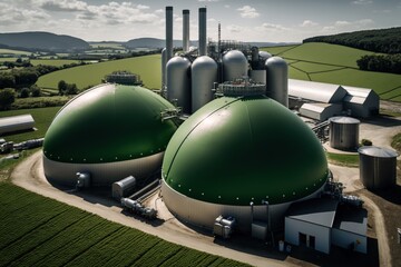 Fototapeta na wymiar Aerial view of biogas factory. Generative AI.