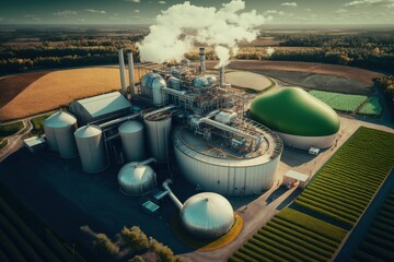 Aerial view of biogas factory. Generative AI. - obrazy, fototapety, plakaty
