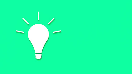 White glowing light bulb with shadow on light green background. Illustration of symbol of idea. Horizontal image. 3D image. 3D rendering.