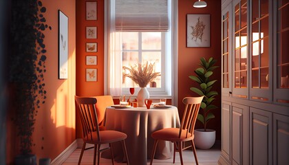 Illustration du mur de la salle à manger avec un ensemble de salle à manger de couleur orange chaud, une table en bois au sol. generative ai.