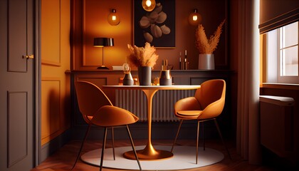 Fototapeta na wymiar Illustration du mur de la salle à manger avec un ensemble de salle à manger de couleur orange chaud, une table en bois au sol. generative ai.