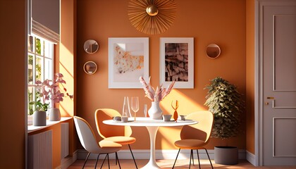 温かみのあるオレンジ色のダイニング セット、床に木製のテーブルでモックアップされたダイニング ルームの壁のイラスト。 generative ai.