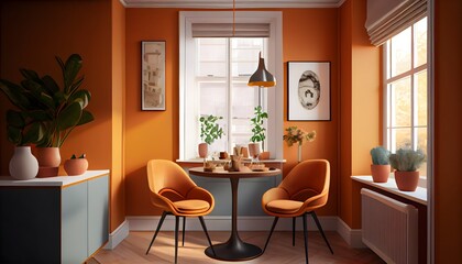 温かみのあるオレンジ色のダイニング セット、床に木製のテーブルでモックアップされたダイニング ルームの壁のイラスト。 generative ai.