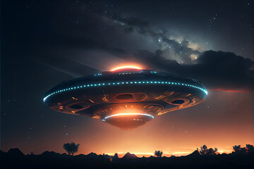 illustration of Unidentified flying object in sky at the night . AI