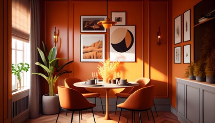illustration of Dining room mock up with warm orange colour dining set, wooden table on floor. generative ai.