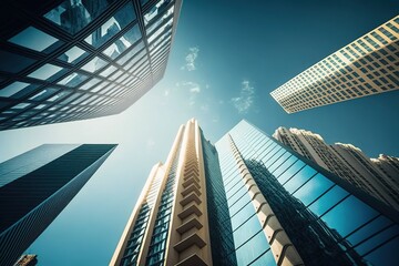 Fototapeta na wymiar Modern glass skyscrapers with blue sky. Generative AI.