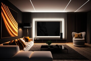 Modern living room interior with sofa and large tv screen on the wall. Generative AI.