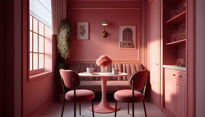 Esszimmer-Wandmodell mit Viva Magenta, Essgeschirr in warmer rosaroter Farbe, Holztisch auf dem Boden. generative ai illustration.