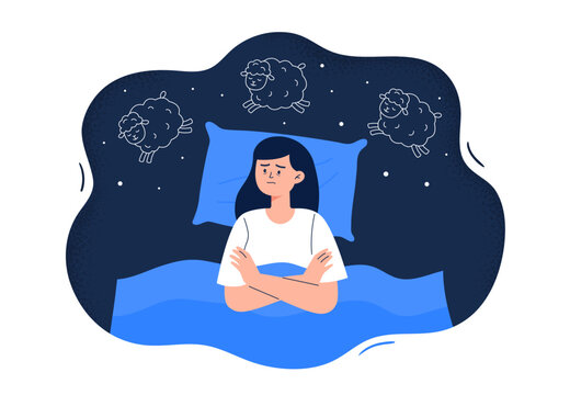Sleep disorder, insomnia, and stress symptom. Young tired woman lying in bed and counting sheep to fall asleep. Vector flat illustration isolated on white background.