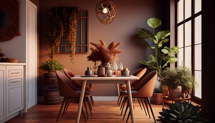 Dining room mock up with plants, brown colour dining set, wooden table on wooden floor. generative ai illustration.