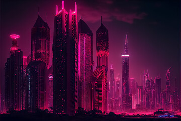 Night panorama of the city, neon light illustration . AI