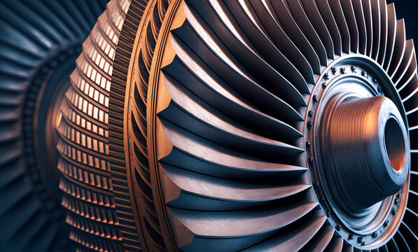Internal rotor with blade of steam turbine for industrial generator electricity. Generation AI