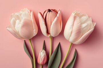 Top view of white and pink tulip flowers on pink pastel background. Women's day, mother's day. Generative AI.
