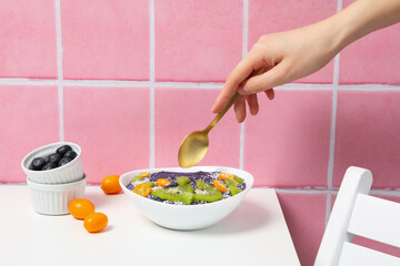 Concept of healthy food with acai smoothie