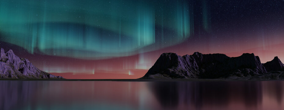 Green Aurora Sky over Rocky Landscape. Majestic Northern Lights Background with copy-space.