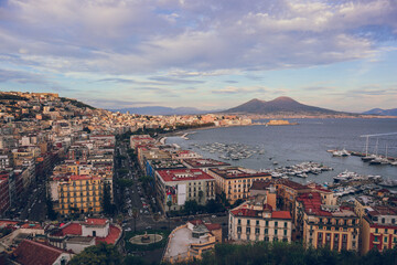 The bay of Naples(Napoli) from above at sunset with the Vesivius vulcano in the background, Naples, Italy, Italia