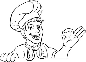 A chef cook or baker man cartoon character giving a perfect or okay chefs hand sign and peeking over a background sign