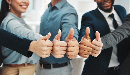 Thumbs up, success and group closeup or people winning, support or thank you hands or emoji. Yes,...