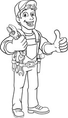 Mechanic plumber maintenance handyman cartoon mascot man holding a wrench or spanner. Giving a thumbs up