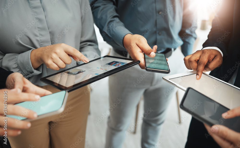Poster Business people, hands and networking on mobile devices for data sharing, collaboration or app at office. Hand of group working on technology for communication, social media or marketing at workplace