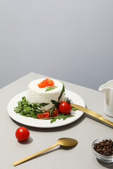 Concept of tasty dairy product - ricotta cheese, space for text