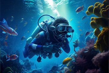 Fototapeta na wymiar illustration of underwater world with diver and coral reefs. AI
