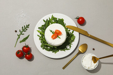 Concept of tasty dairy product - ricotta cheese, top view
