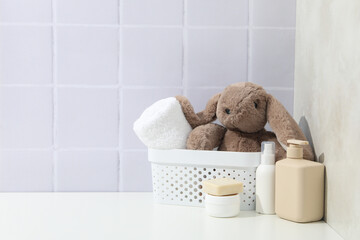 Concept of child bodycare, child cosmetic, space for text