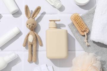 Concept of child bodycare, child cosmetic, top view
