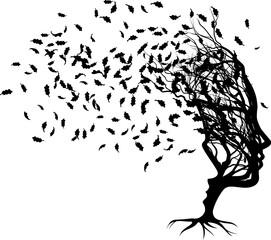 Obraz premium An optical illusion couple tree design with a man and womans faces in silhouette. The womans face is formed by the tree and the mans by the negative space. Could have many meanings as a concept.