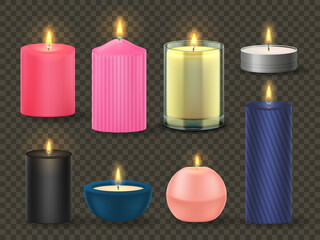 Set of different sized candles isolated on a transparent background. A colorful wax candles.