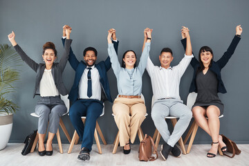 Success, hiring and recruitment with business people in waiting room for winner, job interview and...