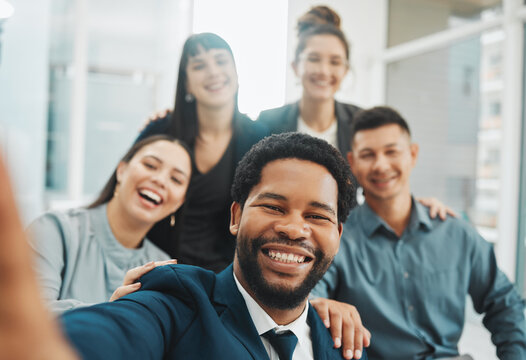 Selfie, portrait and business people smile for photo, profile picture or social media homepage update. Team, face and friends relax, happy or pose for pictures while having fun and bonding in office