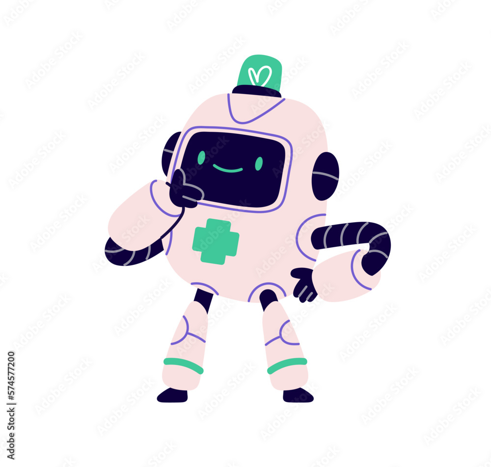 Poster cute robot character. happy android with smiling face. childish ai bot, smart assistant, funny elect
