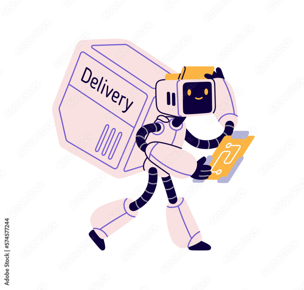 Poster Cute robot courier works for delivery service. Android character delivering order in backpack. AI machine worker in retro futuristic style. Flat vector illustration isolated on white background