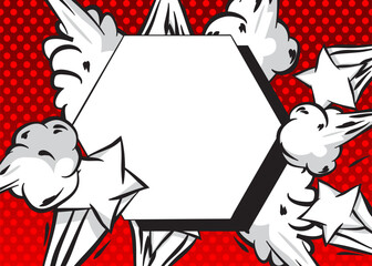 Red Pop Art Background with blank Hexagonal shape. Abstract Comic Book Vector Illustration.