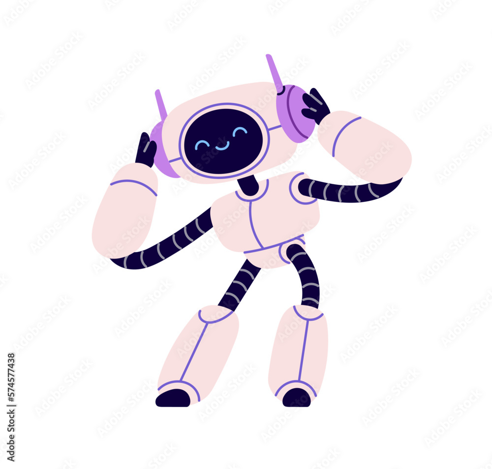 Poster cute robot, retro ai machine in headphones. funny bot character listening to music, dancing. positiv