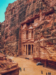 The facade of Al-Khazneh from above in Petra, Jordan