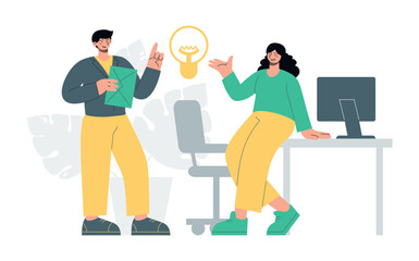 People in office. Teamwork and brainstorm. Searching for idea. Boss with employee. Flat vector minimalist illustrations